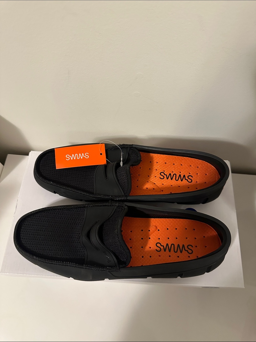 Swims Size 9 Black Penny Loafers with Bright Orange Insole NWT